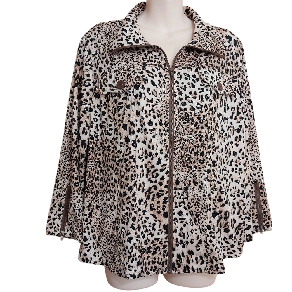 🔵BOGO FREE🔵 Leopard Print Zip-Up Jacket w Clear Sequins Lightweight Sz L